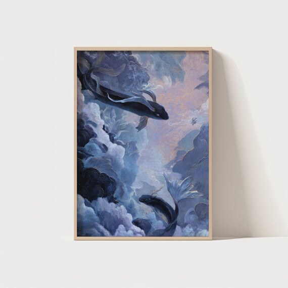 Surreal Sky Fish Wall Art Dreamy Fantasy Print For Boho Whimsical Home Decor 300 Dpi