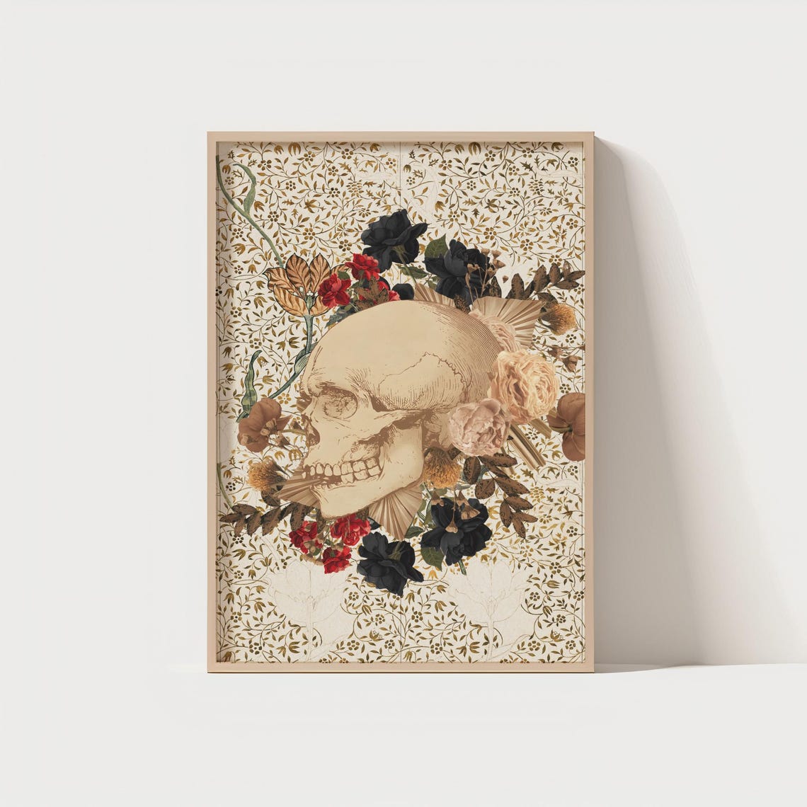 Vintage Skull with Dark Florals on Gold Pattern Tattoo Style Poster