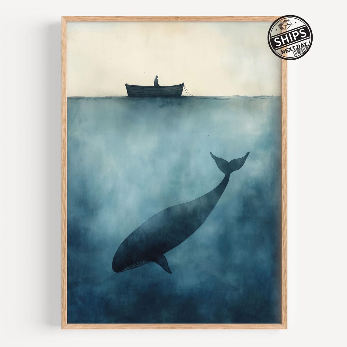 Giant Whale Under a Rowboat Split View Watercolor Ocean Poster