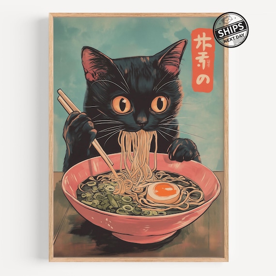Funny Black Cat Eating Ramen Noodles Japanese Vintage Style Art Print