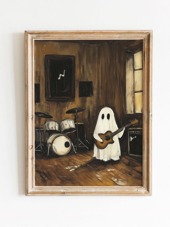 Cute Ghost Playing Guitar Moody Music Room Dark Academia Poster