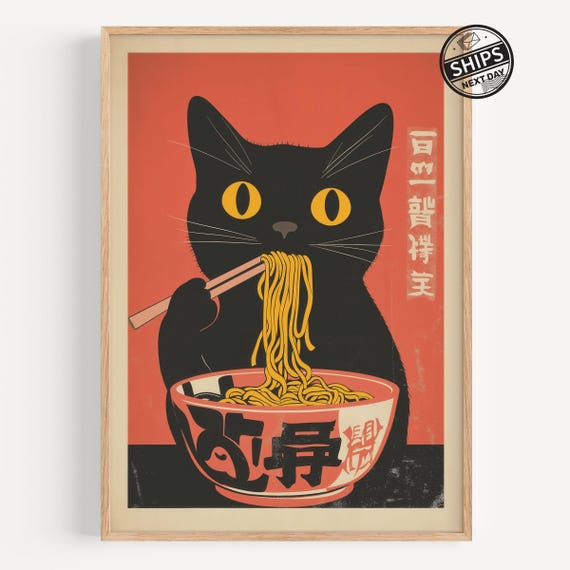 Vintage Black Cat Eating Ramen Noodles Poster