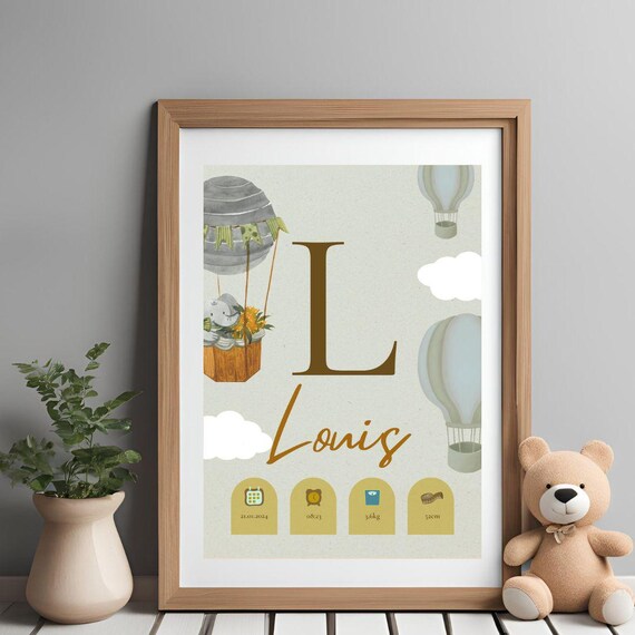 Personalized Monogram Hot Air Balloon Baby Birth Keepsake Poster