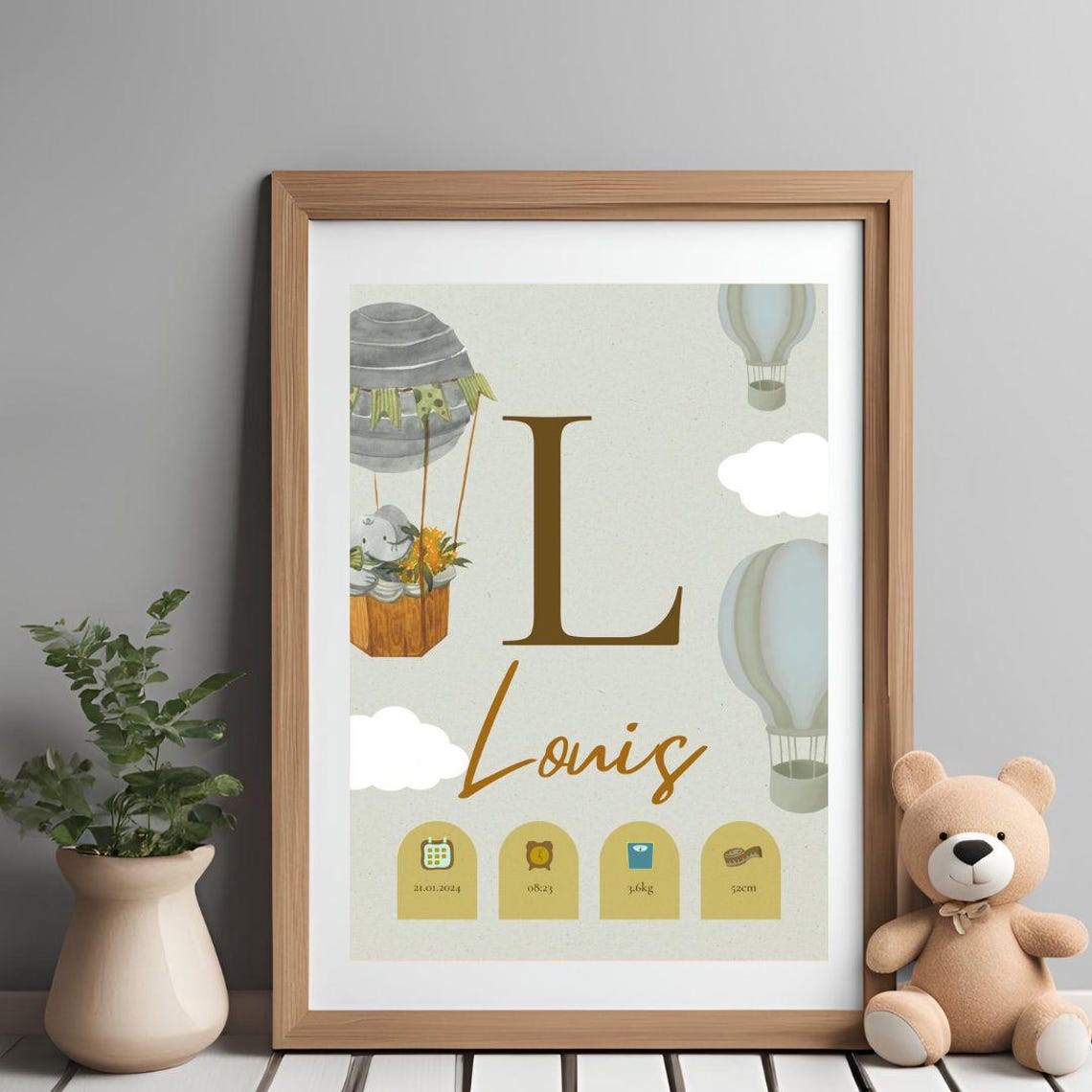 Personalized Monogram Hot Air Balloon Baby Birth Keepsake Poster