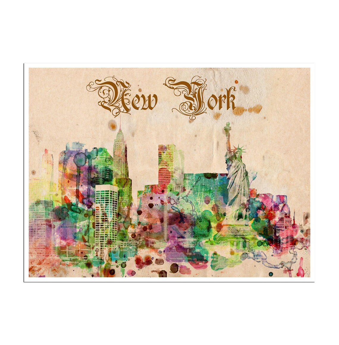 New York Skyline Watercolor Statue of Liberty City Art Poster