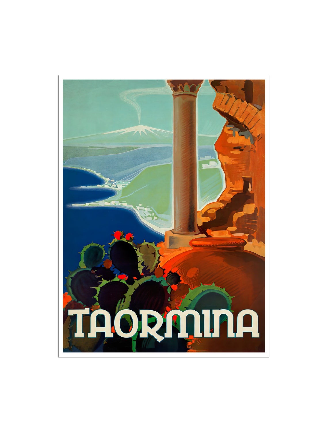 Taormina Vintage Travel Poster Sicily Italy Mount Etna Coast Art
