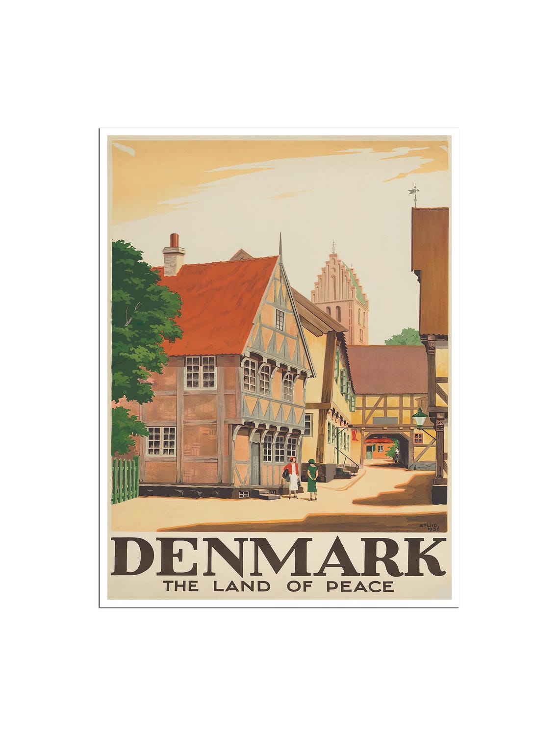 Denmark Vintage Land Of Peace Half Timbered Town Travel Poster