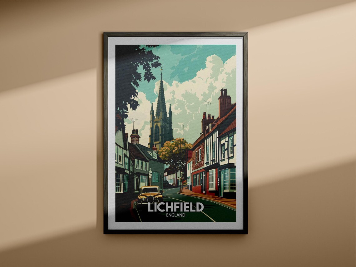Lichfield England Vintage Travel Poster Cathedral Street Scene - Image 4