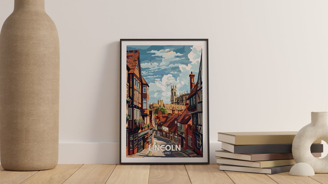 Lincoln England Travel Poster Cathedral Spire Steep Street Scene - Image 3
