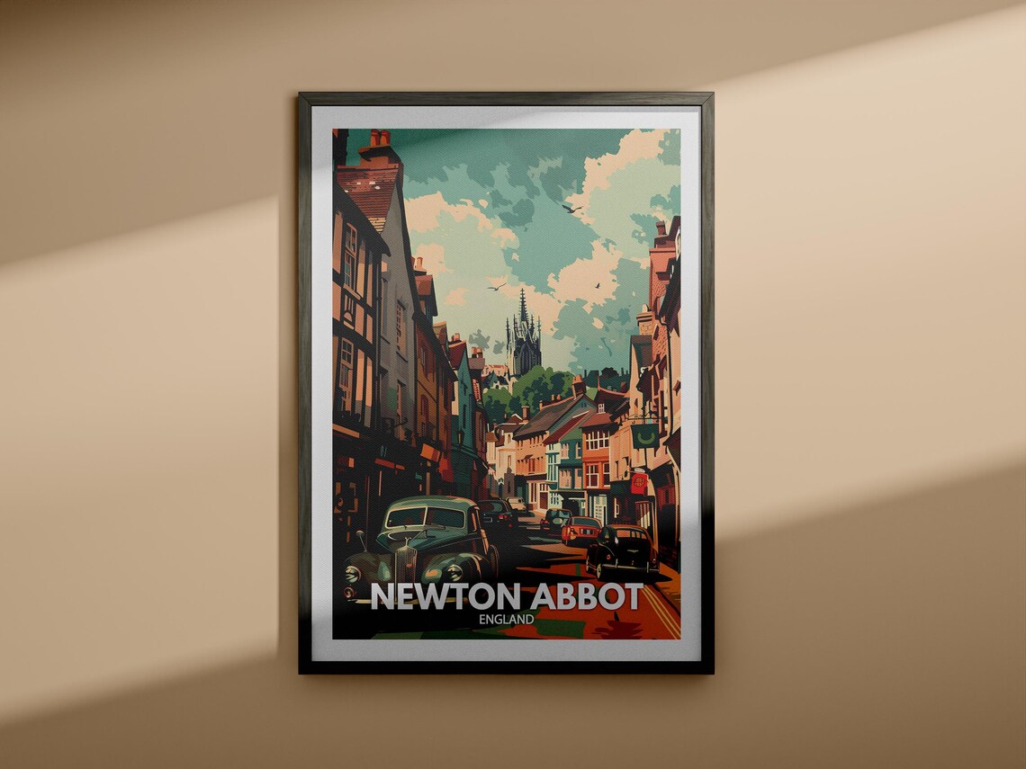 Newton Abbot England Classic Cars Market Town Vintage Travel Poster - Image 4
