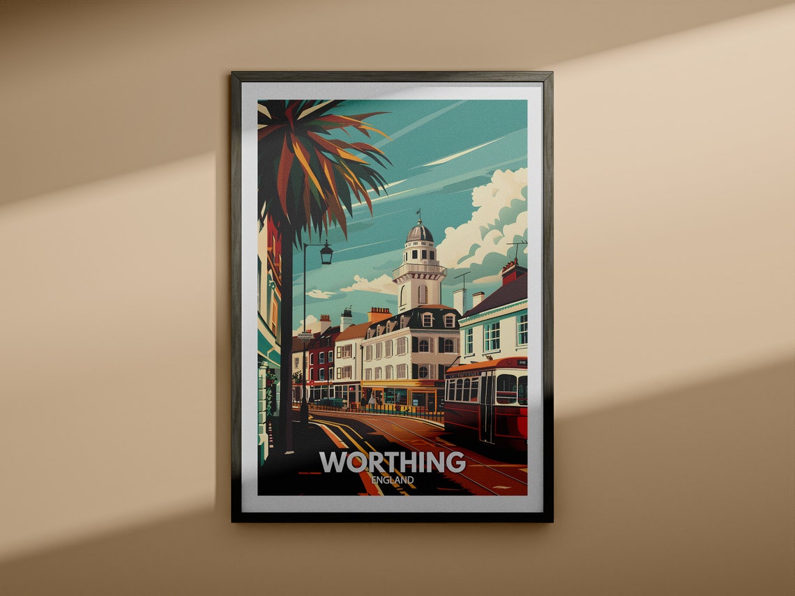 Worthing England Seafront Dome Building Classic Bus Palm Travel Poster - Image 4