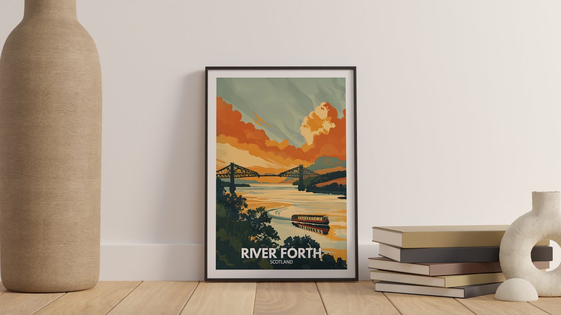 River Forth Scotland Bridge Sunset Boat Dramatic Clouds Travel Poster - Image 3