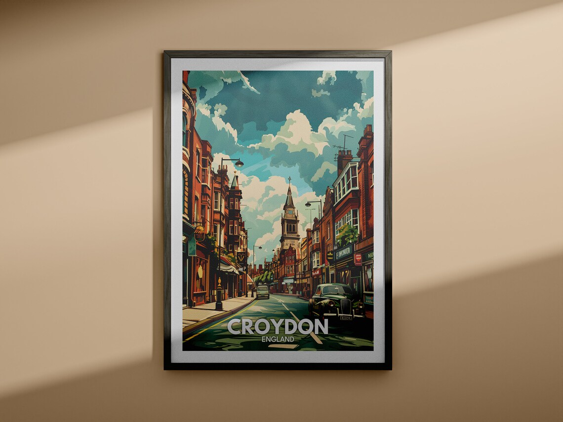 Croydon England Vintage City Street Clock Tower Classic Car Poster - Image 4