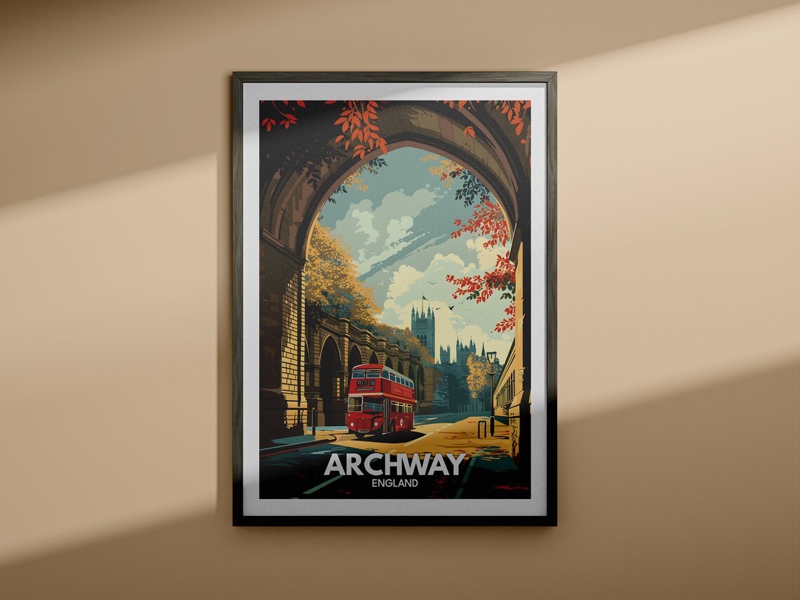 Archway London Travel Poster Gothic Arch Red Bus Vintage Street - Image 4