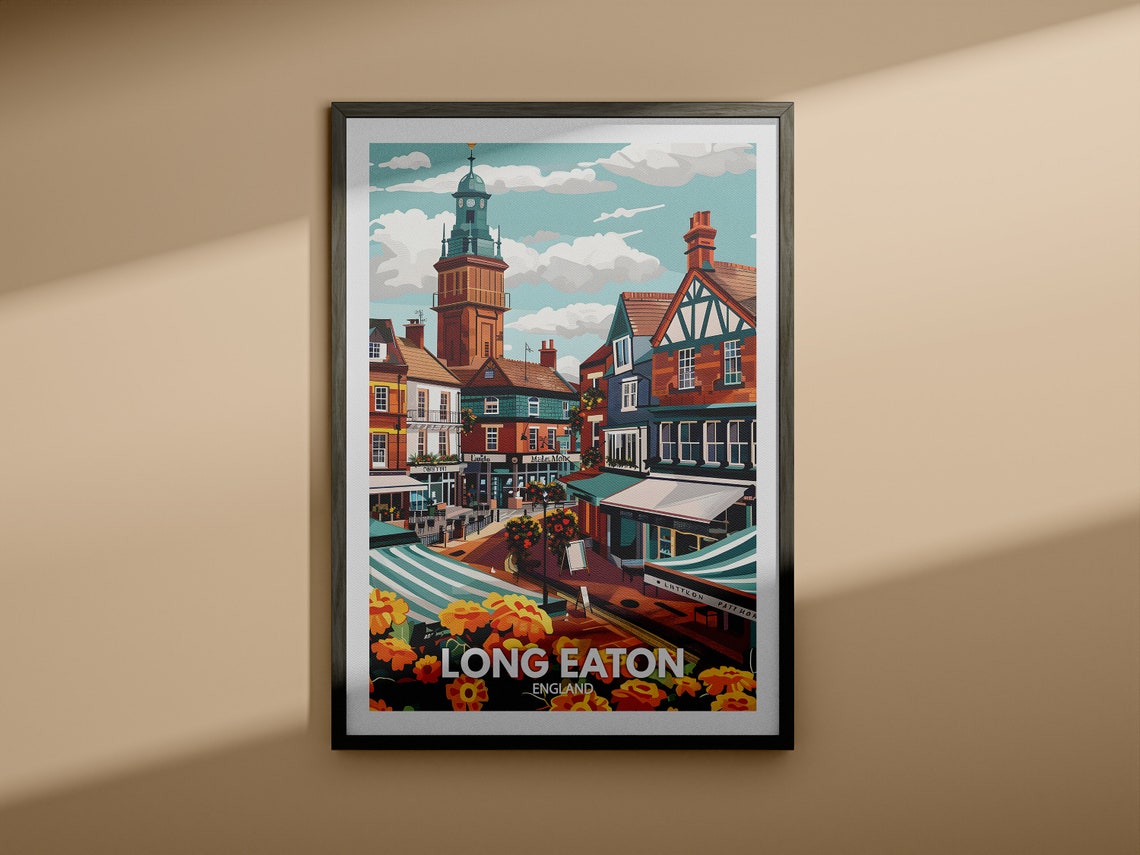 Long Eaton England Vintage Market Square Clock Tower Floral Poster - Image 4