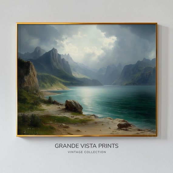 Cloudy Sky Mountain Lake Landscape Painting Wall Art Mountain Valley Landscape Artwork Mountain Landscape Print Gv4620