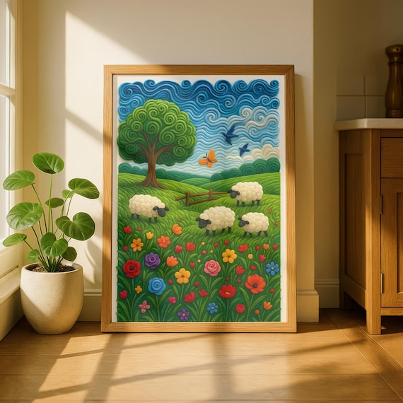 Whimsical Sheep Meadow Flower Field Playful Nursery Pastoral Poster
