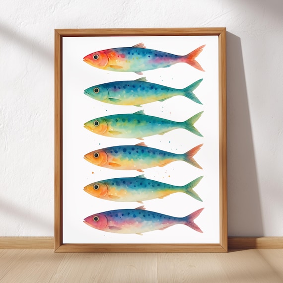 Colorful Sardines Watercolor Row Vibrant Coastal Kitchen Art Poster