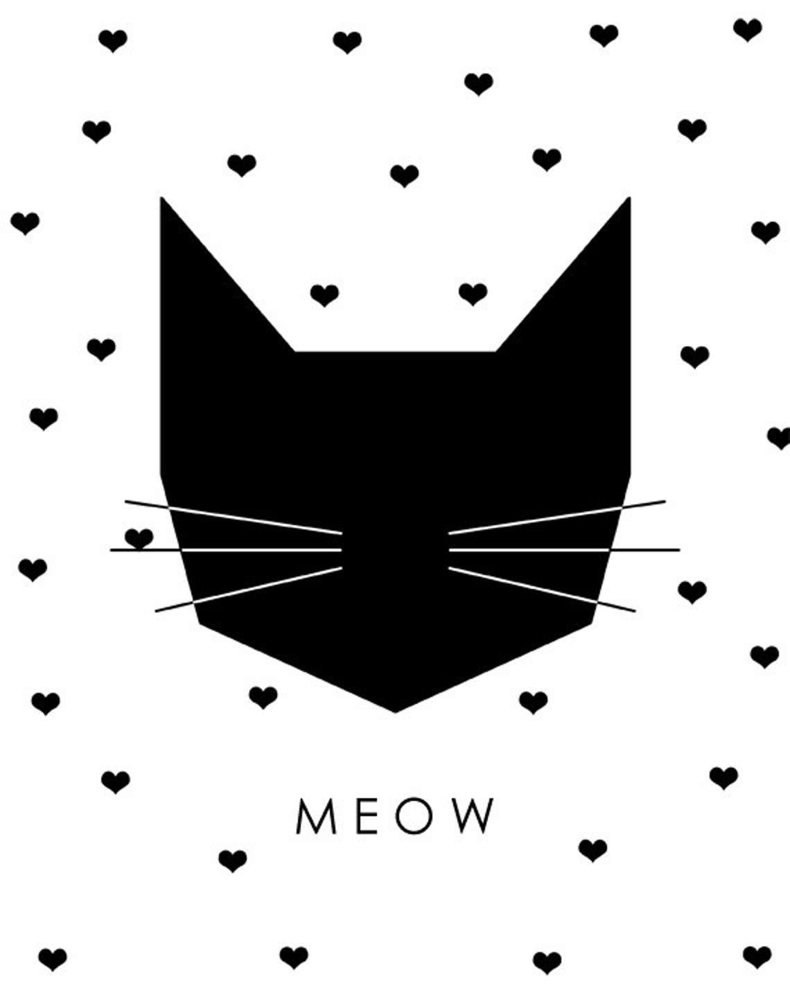Black Geometric Cat Face Meow Hearts Minimalist Nursery Wall Art Print - Image 2