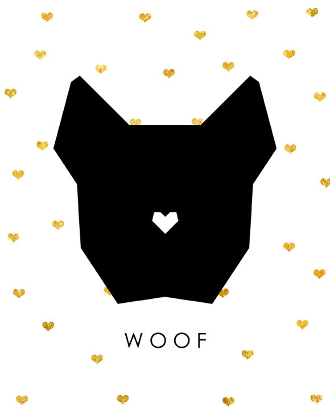 Woof Poster Dog Print Geometric Animals Black And White Modern Home Decor Nursery Print Art Heart Doggie Print Golden Art Gold