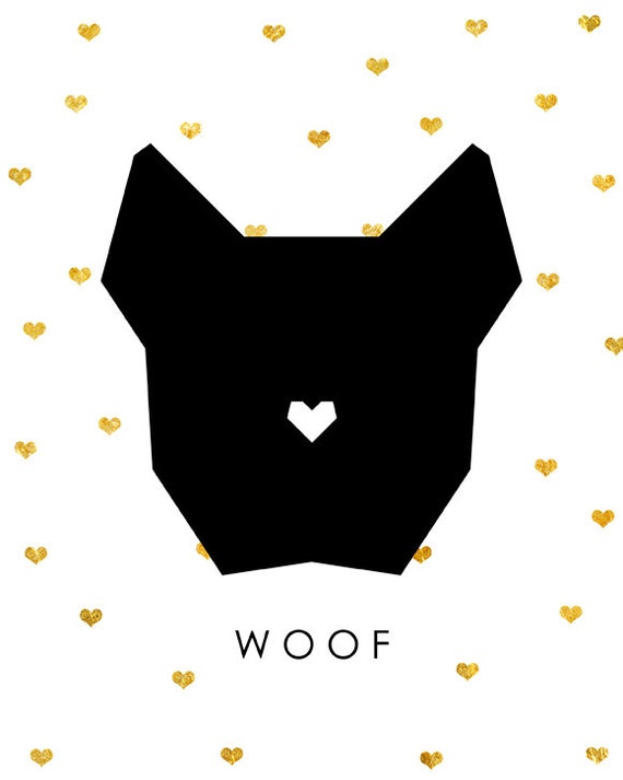 Woof Poster Dog Print Geometric Animals Black And White Modern Home Decor Nursery Print Art Heart Doggie Print Golden Art Gold