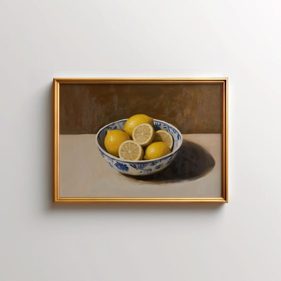 Lemons Still Life Oil Painting Cottage Core Decor Print Citrus Kitchen Wall Art Preppy Wall Decor