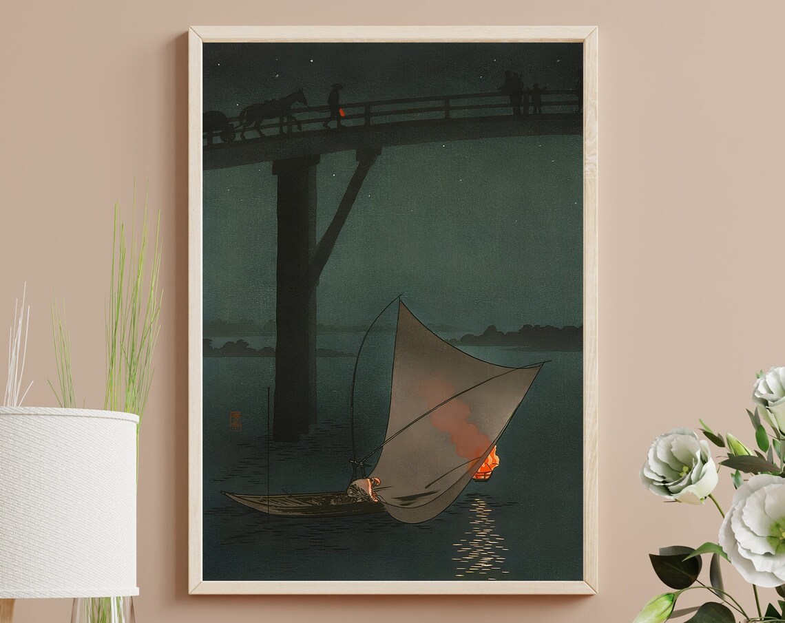 Night Fishing Boat Under Bridge Arai Yoshimune Japanese Art Poster