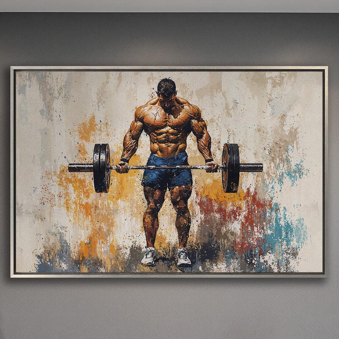 Bodybuilder Deadlift in Blue Shorts Warm Paint Splash Poster