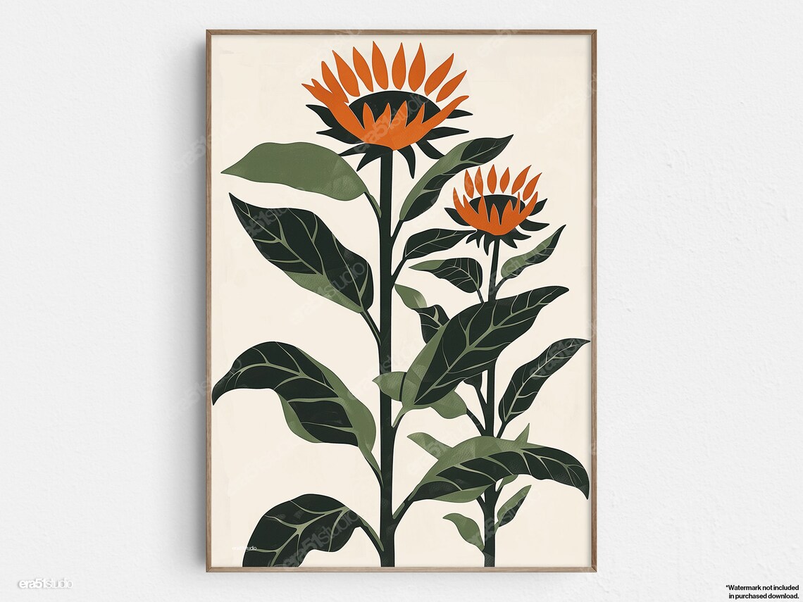 Tall Sunflower Plant, Mid-Century Minimalist Art Print