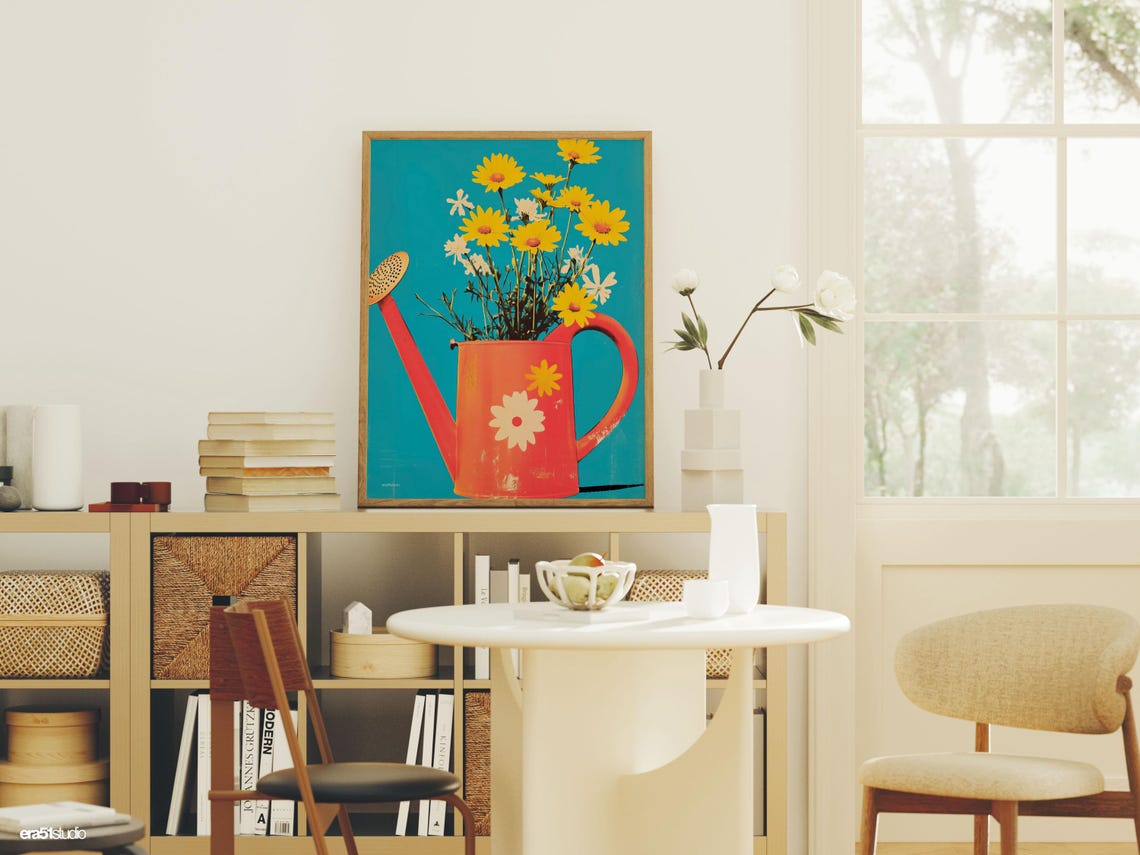 Bright Colorful Watering Can With Yellow Flowers On Teal Poster - Image 2