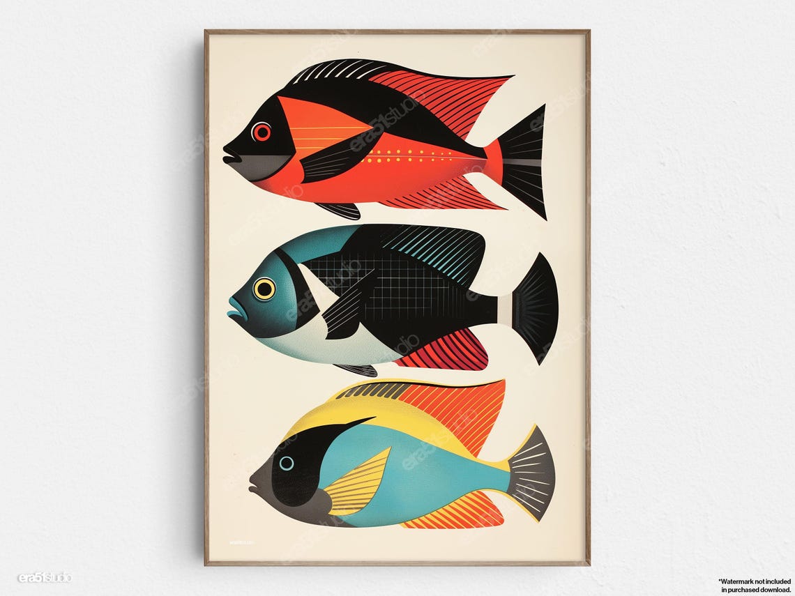 Stylized Fish Trio Original Midcentury Modern Minimalist Wall Art