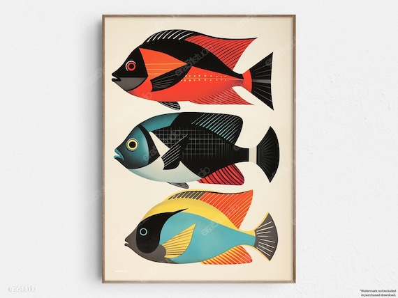 Three Stylized Tropical Fish Trio Midcentury Modern Nautical Wall Art