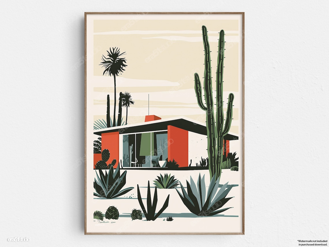 Palm Springs Midcentury Modern House Desert Cactus Art Poster