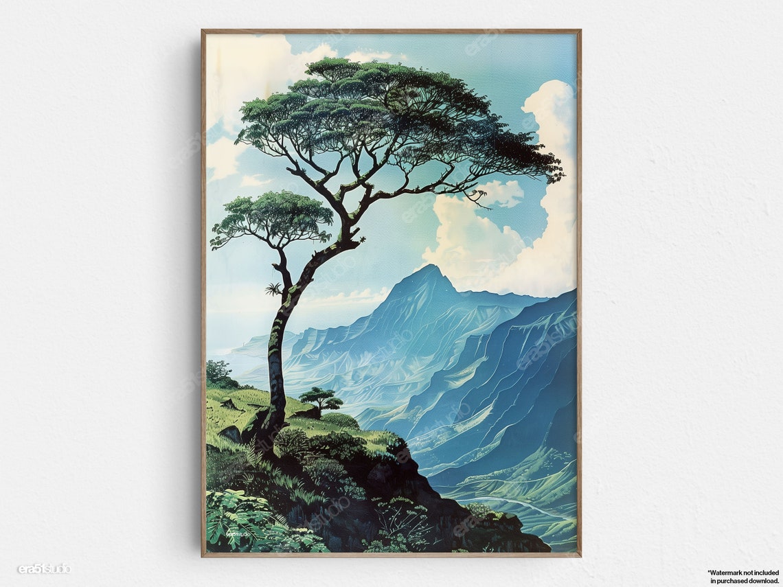 Vintage Hawaii Blue Mountain Valley with Lone Tree Travel Art Poster