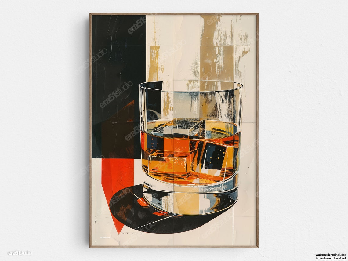 Abstract Whiskey Glass On The Rocks Midcentury Geometric Wall Art