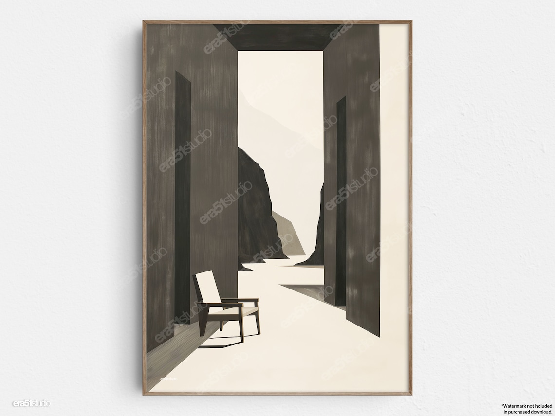 Solitary Chair Facing Mountains Minimalist Black and Cream Art Poster