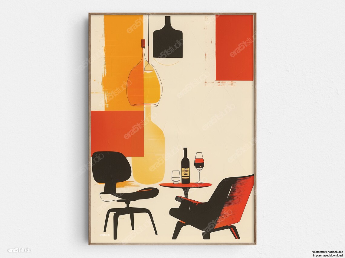 Modern Wine Bar Lounge Setup, Midcentury Wall Art