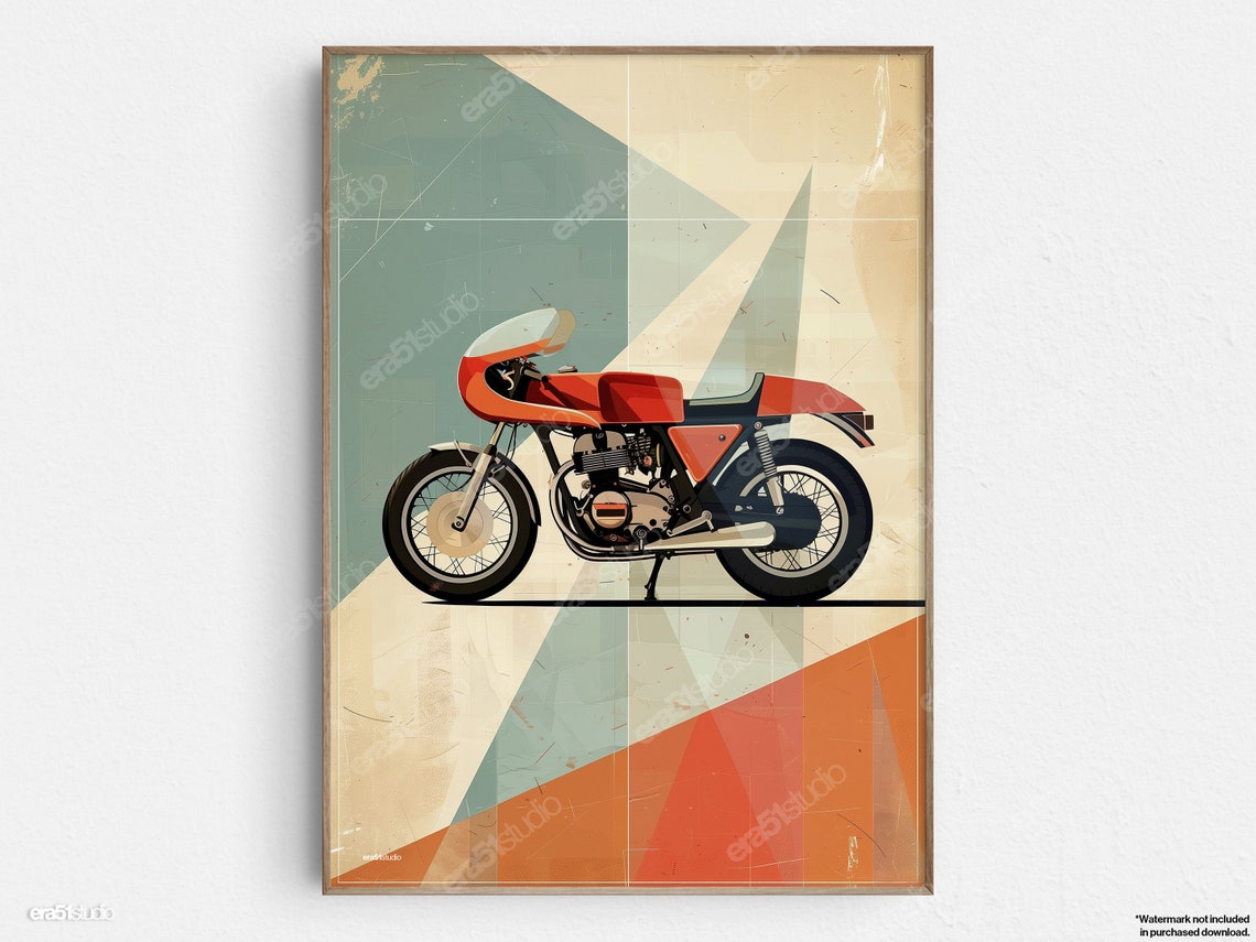 Cafe Racer Vintage Motorcycle Original Midcentury Modern Minimalist Wall Art