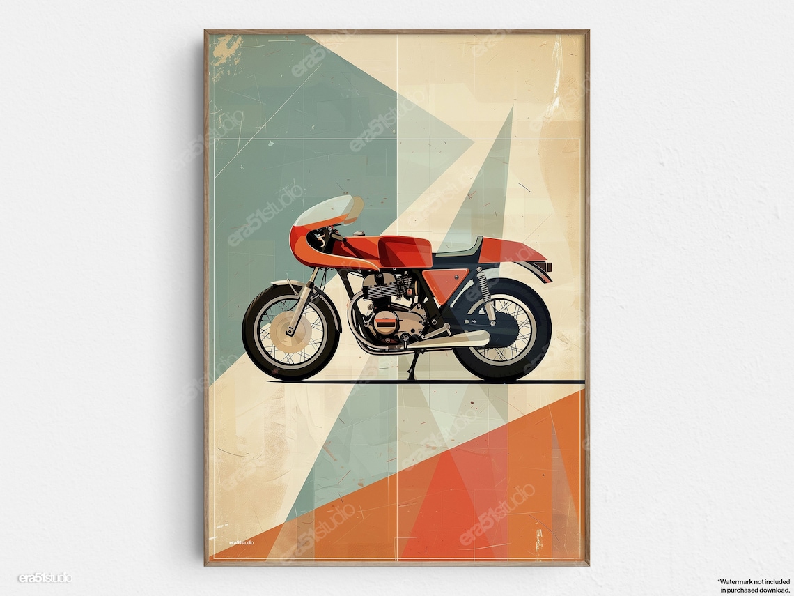 Red Cafe Racer Motorcycle Retro Midcentury Geometric Art Poster