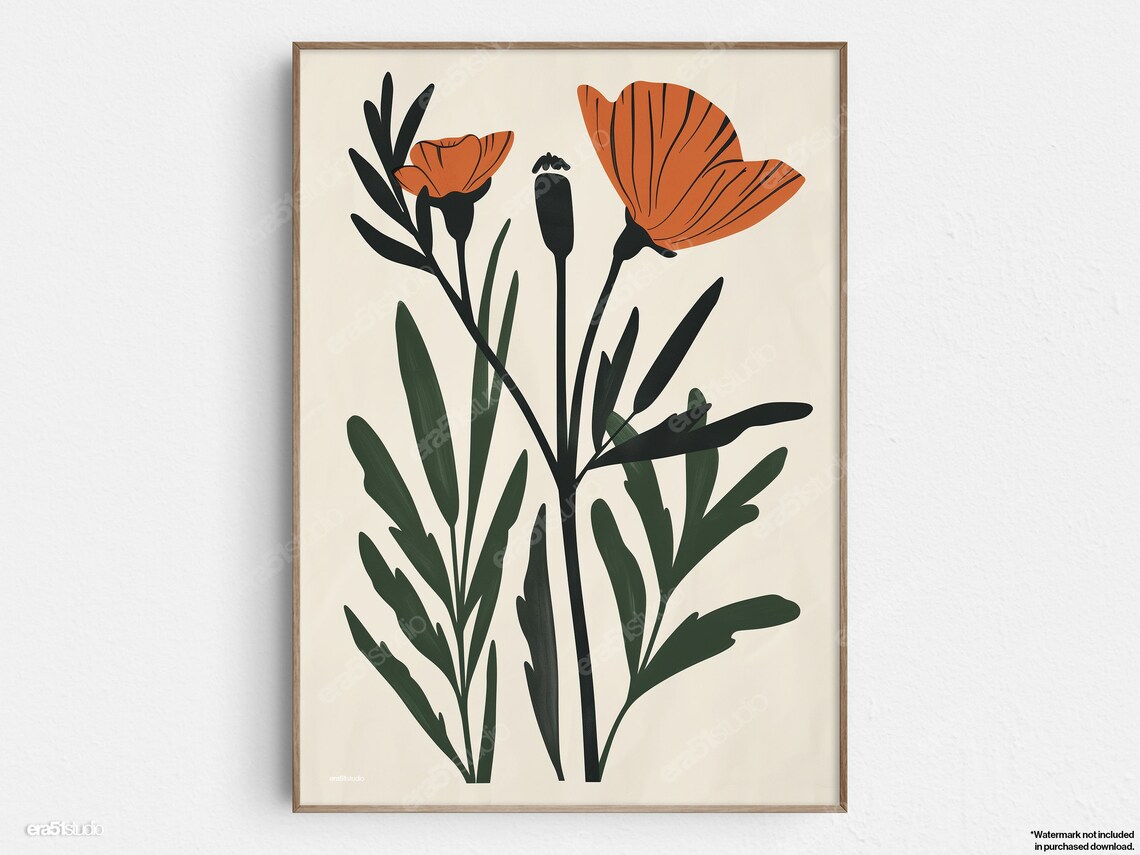 Poppy Botanical Art Print, Mid-Century Minimalist