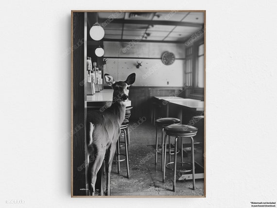 Deer In Retro Diner Original Midcentury Modern Minimalist Wall Art