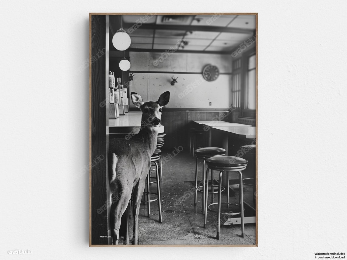 Deer In Retro Diner Original Midcentury Modern Minimalist Wall Art