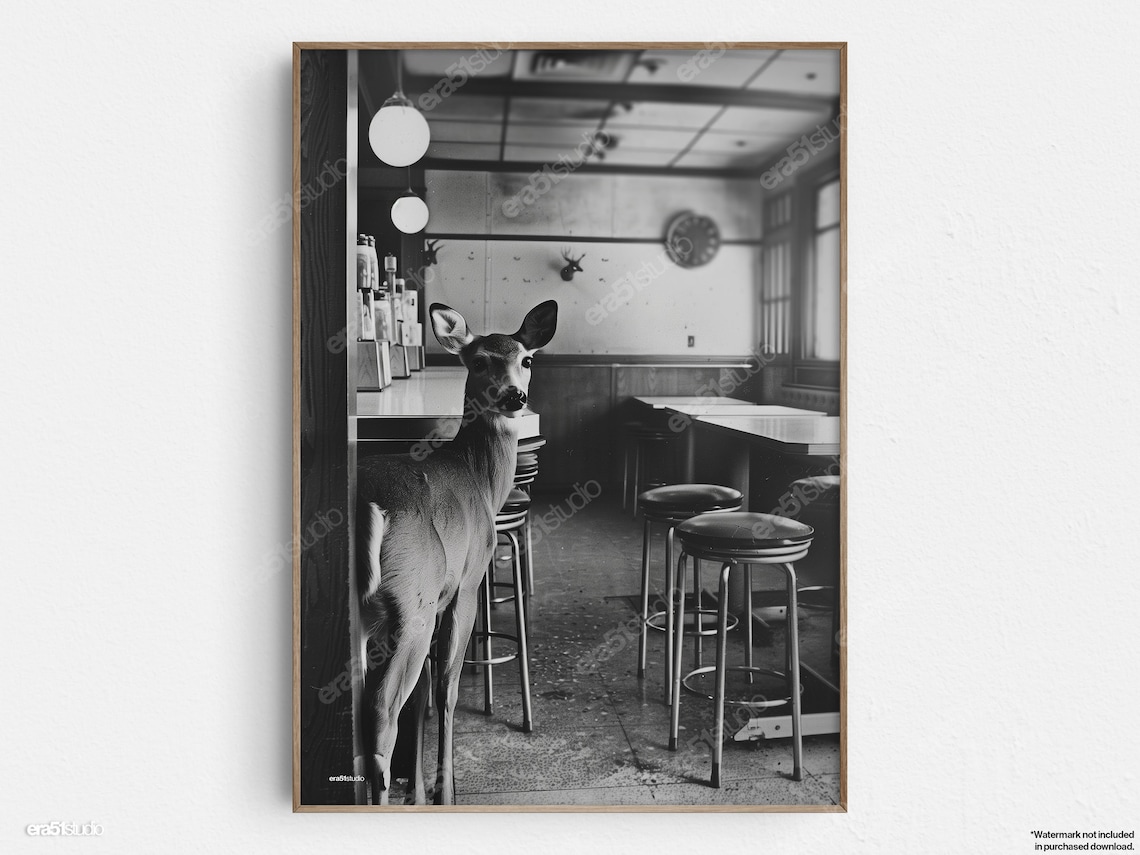 Deer Standing in Retro Diner Surreal Black and White Art Print