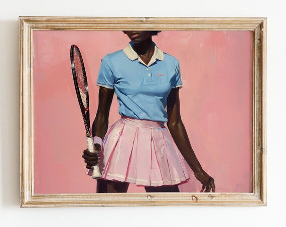 Pink Preppy Tennis Girl Blue Polo Oil Painting Sports Art Poster
