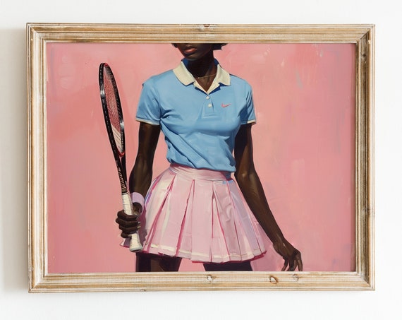 Tennis Girl Preppy Pink Black Wall Art Coquette Feminine Decor Room Poster Print