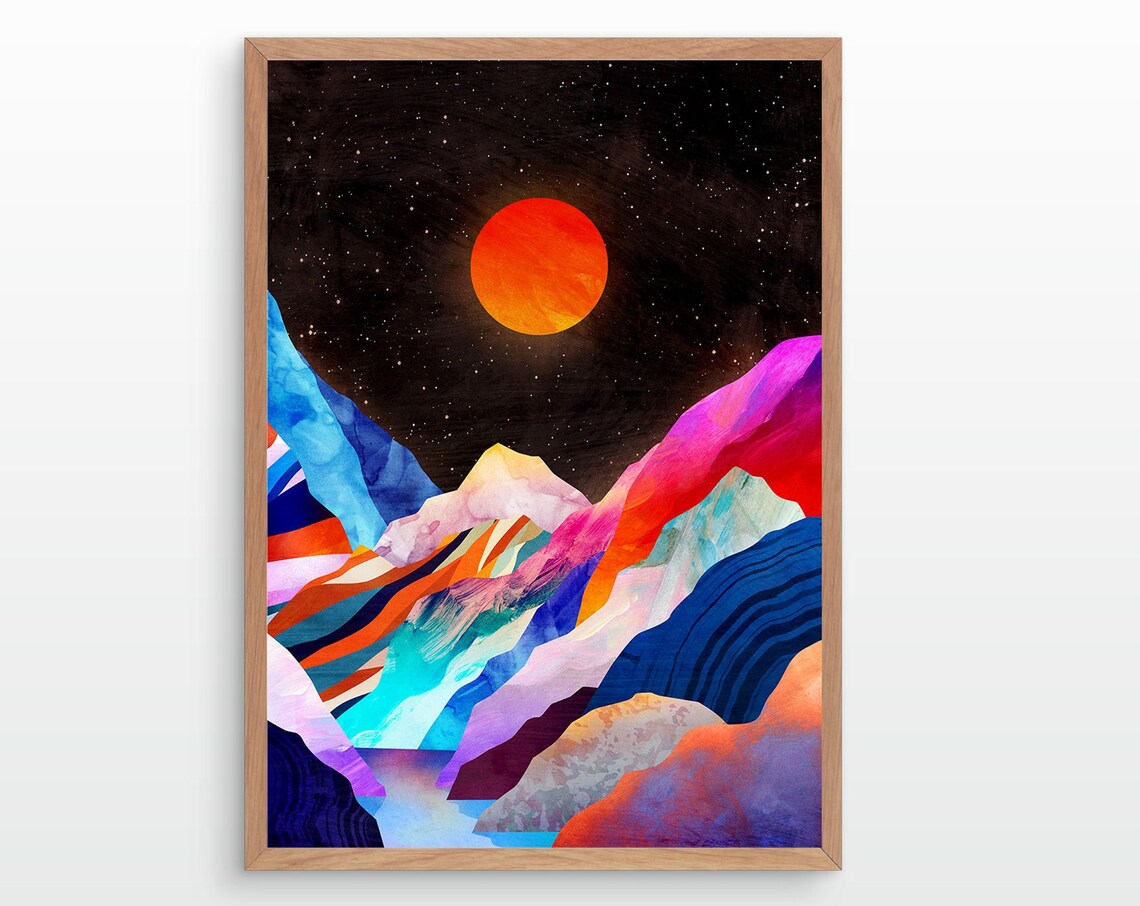 Moon Over Mountains Art Print, Nature Landscape