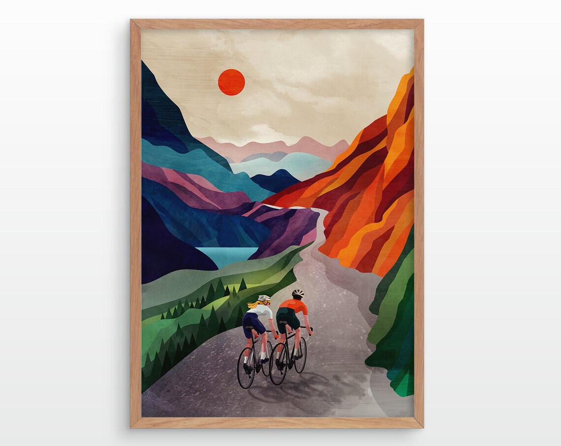 Cycling Couple Art Print, High in the Mountains
