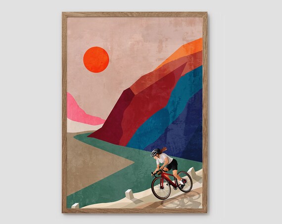 Woman Cyclist Descending, Cycling Art Print