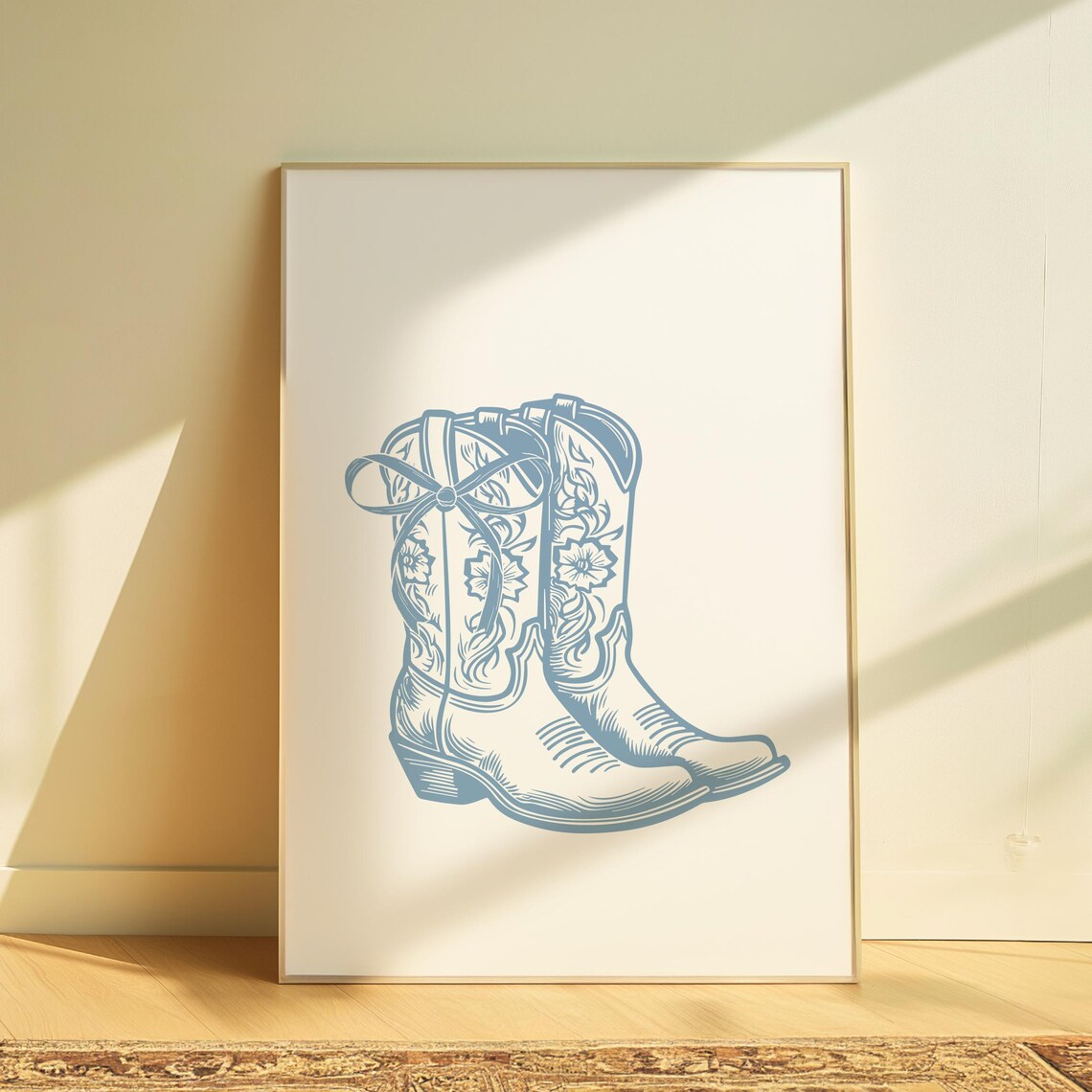 Blue Cowgirl Boots Western Floral Sketch Minimalist Wall Art - Image 2