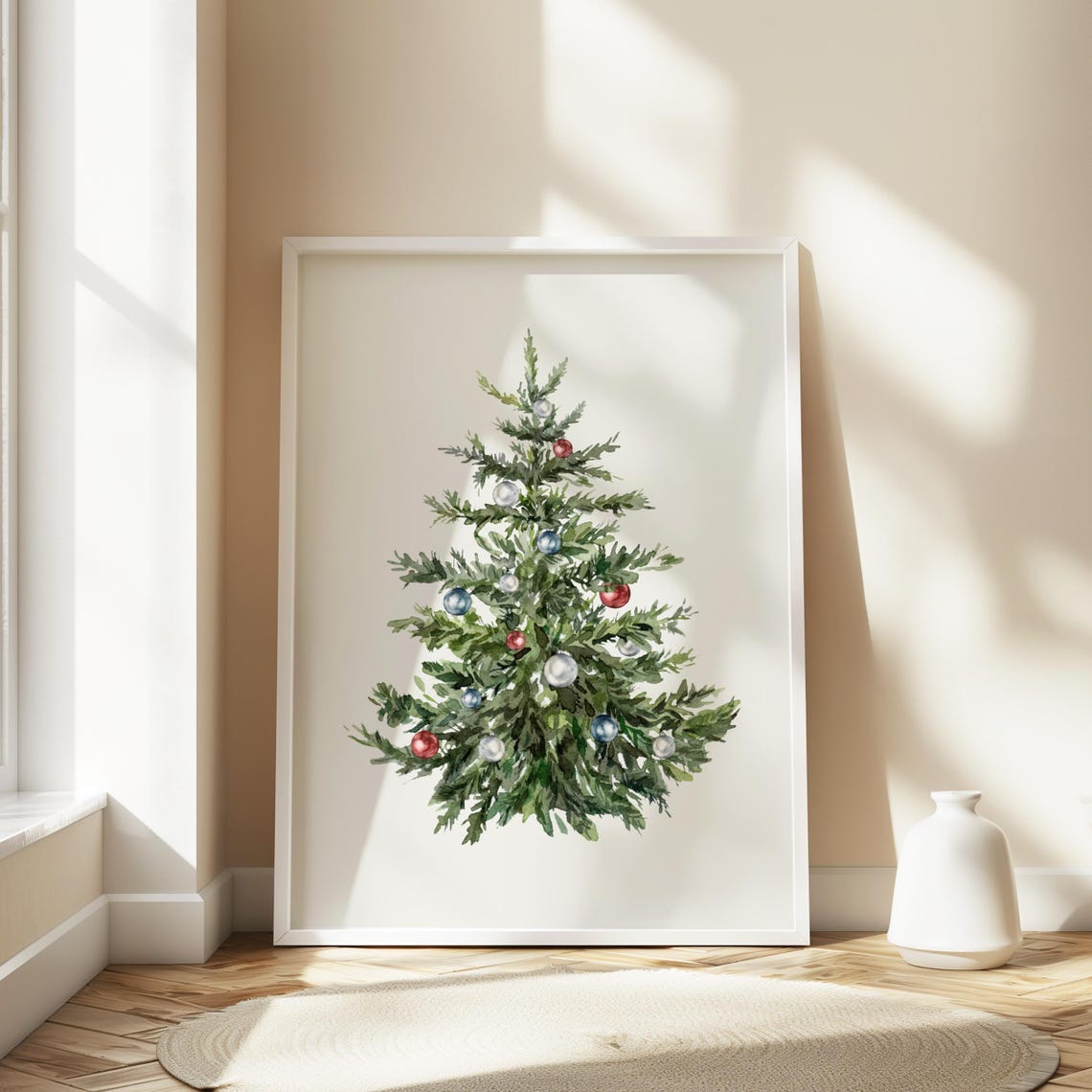 Watercolor Christmas Tree Red Blue Ornaments Minimalist Wall Art - Image 2